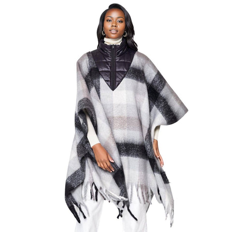 PinktownUSA - Fringe Poncho Poly Black Plaid Long Zip for Women