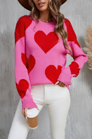 Suhkasana - Valentine Heart Knit Sweater Pink Red Pullover Size: XL