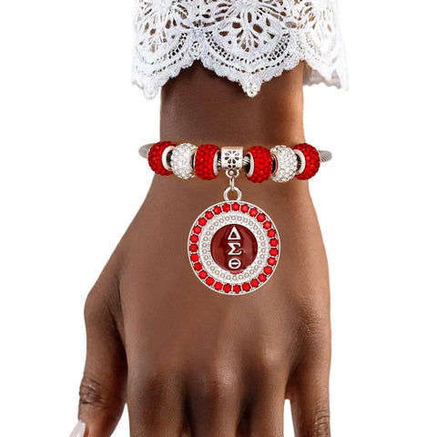 PinktownUSA - DST Greek Merch Bead and Charm Cable Bracelet: Color: Red and White / Plating: Rhodium / Size: Adjustable
