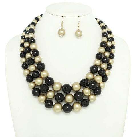 SP Sophia Collection - Multi-Strand Pearl Bead Necklace Earring Set : Black & Gold
