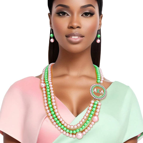 PinktownUSA - AKA Sorority Pink Green Pearl Long Brooch Necklace: Pink and Green / Rhodium / 26 + 3 inches
