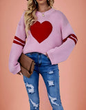 Suhkasana - Pink Heart Contrast Knit Sweater Womens Valentine Pullover: Size: M
