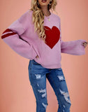Suhkasana - Pink Heart Contrast Knit Sweater Womens Valentine Pullover Size: S