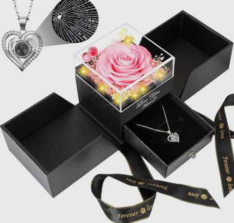 Valentine’s Preserved, Red Rose with LED Light  and a Heart Necklace!!