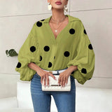 Suhkasana - Polka Dot Lantern Sleeve Blouse with Half Button Collar Size: L