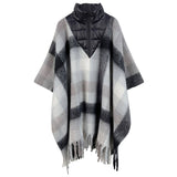 PinktownUSA - Fringe Poncho Poly Black Plaid Long Zip for Women