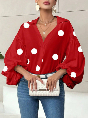 Suhkasana - Polka Dot Lantern Sleeve Blouse with Half Button Collar: Size: S