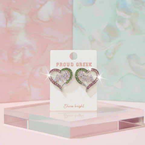 PinktownUSA - AKA Sorority Heart Pink Green Bling Stud Earrings: Color: Pink and Green / Plating: - / Size: 1 x 1 inches