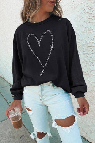 Suhkasana - Black Rhinestone Heart Pattern Valentines Fashion Sweatshirt: Size: S
