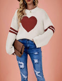 Suhkasana - Pink Heart Contrast Knit Sweater Womens Valentine Pullover Size: S