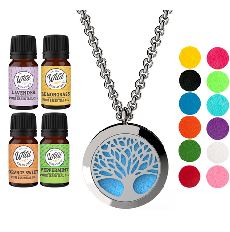 Wild Essentials - Tree Of Life Essential Oil Diffuser Necklace Set w/ 4 Oils