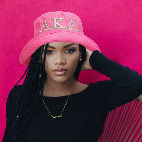 PinktownUSA - AKA Sorority Pink Mesh Embroidered Bucket Hat: Color: Pink / Plating: Multi Tone / Size: One Size