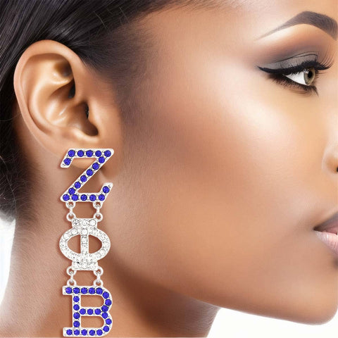 PinktownUSA - Blue Clear Sorority Dangle Studs: Blue and White / Rhodium / 2.85 inches