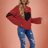 Suhkasana - Pink Heart Contrast Knit Sweater Womens Valentine Pullover Size: L