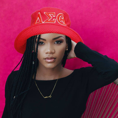 PinktownUSA - DST Sorority Red Mesh Embroidered Bucket Hat: Color: Red / Plating: Multi Tone / Size: One Size