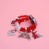 PinktownUSA - Updated DST Red Clear Glass Bead Charm Watch Band: Red and White / Rhodium / Stretch to Fit