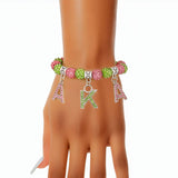 PinktownUSA - AKA Sorority Pink Green Bling Letter Bracelet: Pink and Green / Rhodium / Stretch to Fit