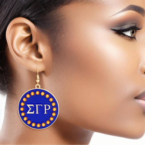 PinktownUSA - SGRHO Sorority Round Blue Fish Hook Earrings: Gold / Gold and Blue / 2.25 x 1.65 inches