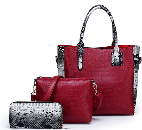 YOUZEY - Crossbody Tote Python Print 3 Piece Set: Red