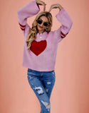 Suhkasana - Pink Heart Contrast Knit Sweater Womens Valentine Pullover Size: L