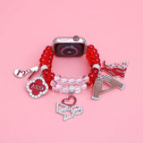 PinktownUSA - Updated DST Red Clear Glass Bead Charm Watch Band: Red and White / Rhodium / Stretch to Fit