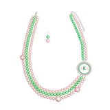 PinktownUSA - AKA Sorority Pink Green Pearl Long Brooch Necklace: Pink and Green / Rhodium / 26 + 3 inches