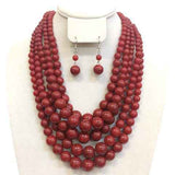 SP Sophia Collection - Chunky 5 Strand Pearl Necklace & Earring Set: Red