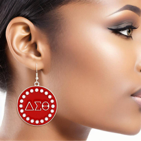 PinktownUSA - DST Sorority Round Red Fish Hook Earrings: Red and White / Rhodium / 2.25 x 1.65 inches