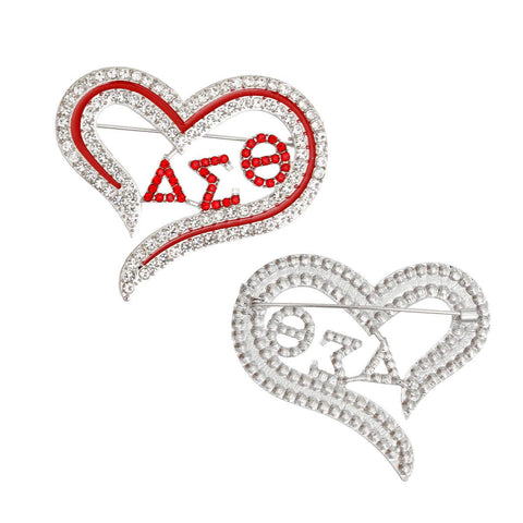 PinktownUSA - DST Sorority Heart Red Bling Brooch for Women: Red and White / Rhodium / 2.25 x 2.5 inches