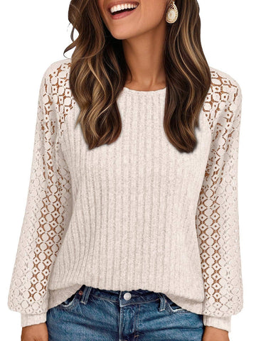 Suhkasana - Ribbed Knit Pullover with Hollow Lace Sleeve Detail: Size: XL