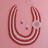 PinktownUSA - Necklace Red White Pearl Delta Set for Women: Red and White / Rhodium / 20 + 4 inches