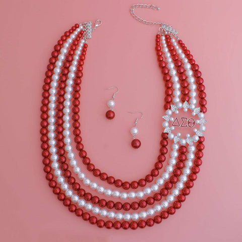 PinktownUSA - Necklace Red White Pearl Delta Set for Women: Red and White / Rhodium / 20 + 4 inches