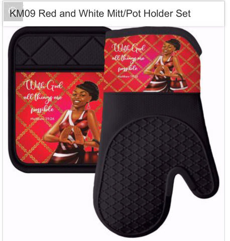 KM09 Red and White Mitt/Pot Holder Set